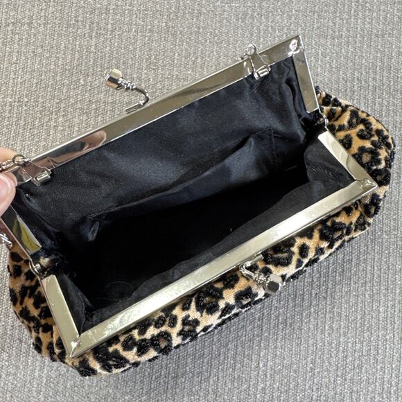 Vintage 90s Leopard Velvet Beaded Purse Chain Strap Evening Handbag Party Clutch - Picture 4 of 9